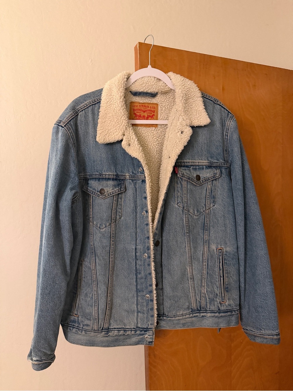 Levi's Light Blue Denim Sherpa Trucker Jacket with Cream Lining